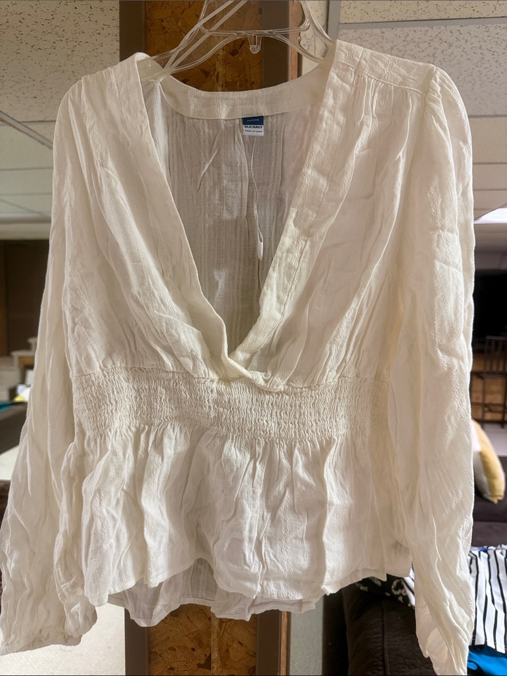 Old Navy Cream V-Neck Smocked Waist Blouse